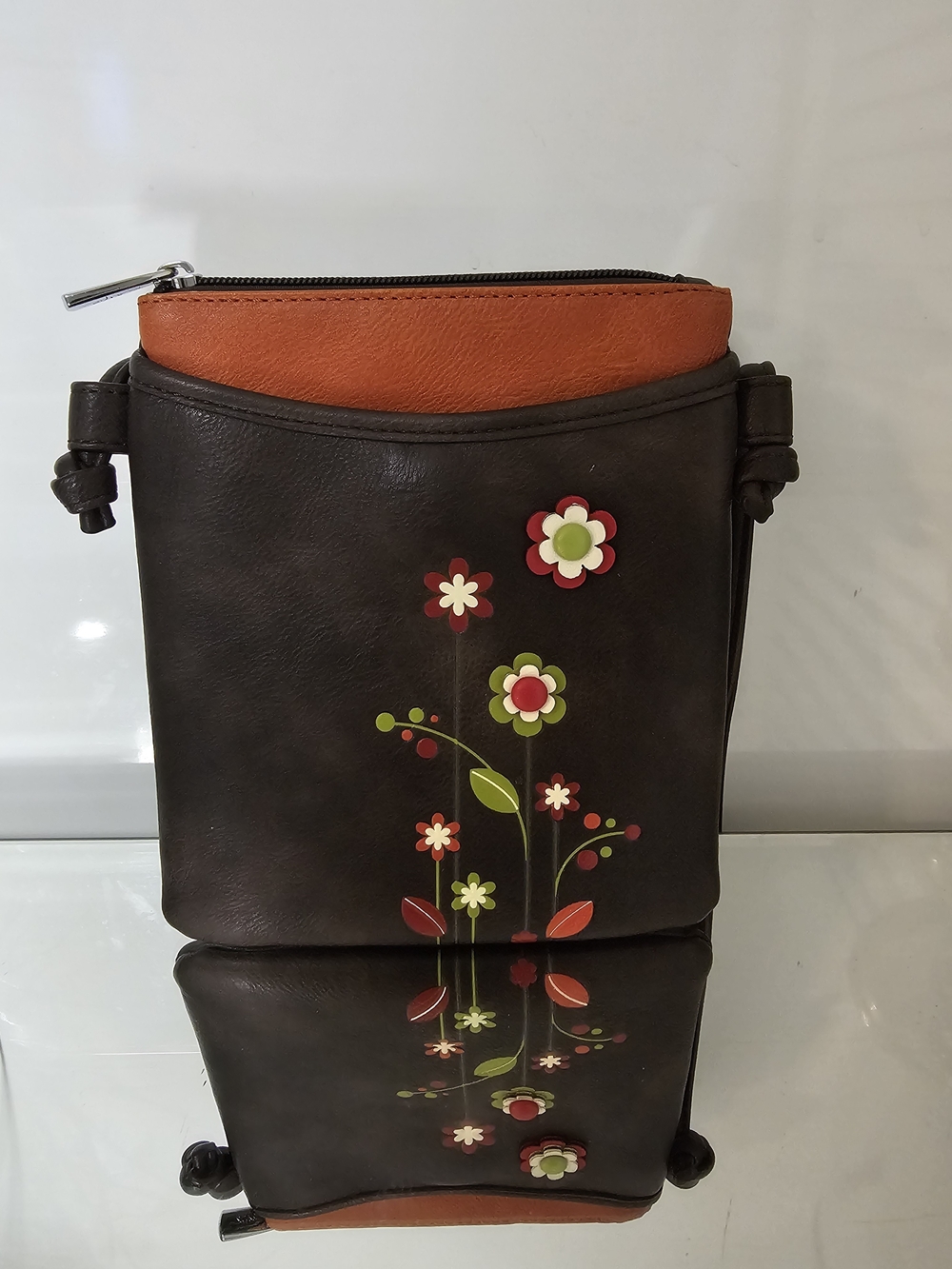 Brown Floral Accent  Jasmine Crossbody Bag with Orange Top